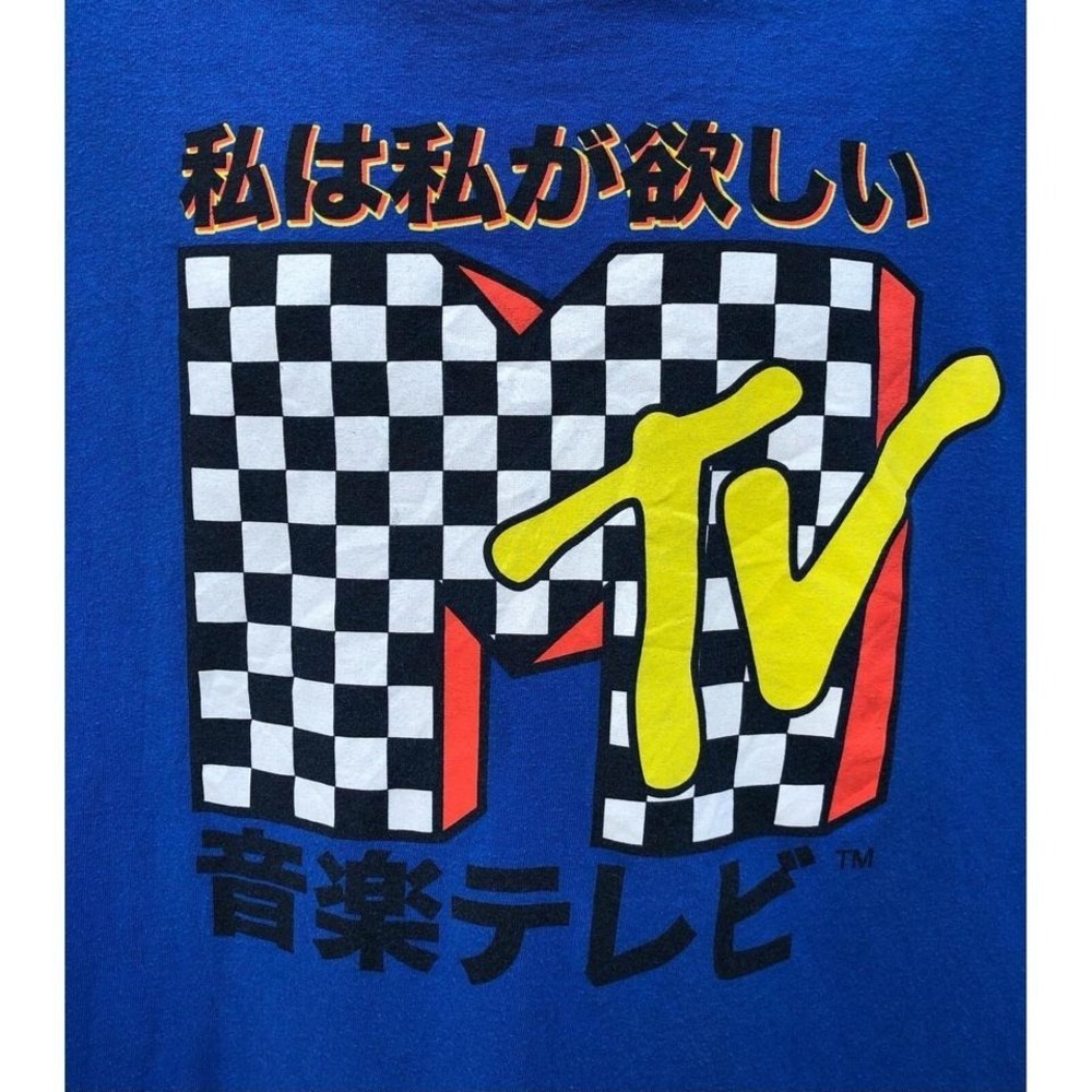 MTV Japanese Logo Graphic T Shirt Mens XL Blue Checkered Cotton‎ Streetwear - Picture 2 of 5